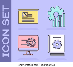 Set User manual, Board with resume, Computer monitor with graph chart and Pie chart infographic icon. Vector