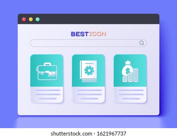 Set User manual, Briefcase and money and Money bag and coin icon. Vector