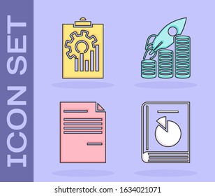 Set User manual, Clipboard with graph chart, Document and Rocket flying up on coins growth chart icon. Vector