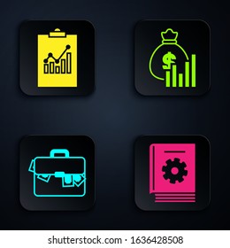 Set User manual, Clipboard with graph chart, Briefcase and money and Money bag and diagram graph. Black square button. Vector