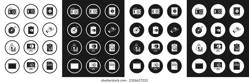 Set User manual, Clipboard with graph chart, Target, Safe and money, Money hand,  and bag diagram icon. Vector