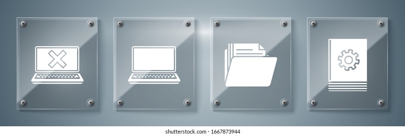 Set User manual, Document folder, Laptop and Laptop and cross mark on screen. Square glass panels. Vector
