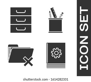 Set User manual, Drawer with documents, Delete folder and Pencil case stationery icon. Vector