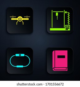 Set User manual, Drone flying, Smartwatch and 3D printer. Black square button. Vector