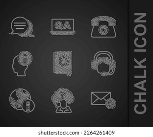Establecer manual de usuario, cabecera con signo de interrogación, nuevo, mensaje entrante por correo electrónico, auricular de la mujer, información, soporte telefónico las 24 horas e icono de chat de burbuja de voz. Vector