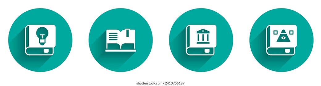 Set User manual, Open book, Law and Ancient magic icon with long shadow. Vector