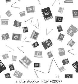 Establecer manual de usuario, lápiz con borrador y línea, documento de archivo y portátil y marca cruzada en pantalla en un patrón sin problemas. Vector