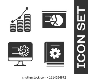 Set User manual, Pie chart infographic and coin, Computer monitor with graph chart and Board with graph chart icon. Vector