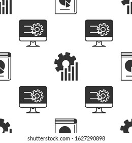 Set User manual, Pie chart infographic and Computer monitor with graph chart on seamless pattern. Vector