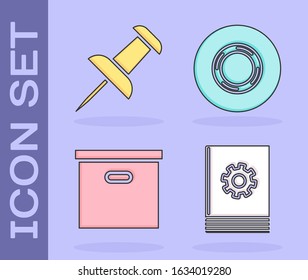 Set User manual, Push pin, Carton cardboard box and Scotch icon. Vector