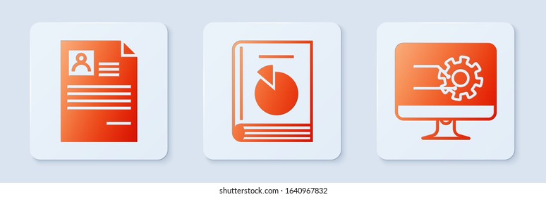 Set User manual, Resume and Computer monitor with graph chart. White square button. Vector