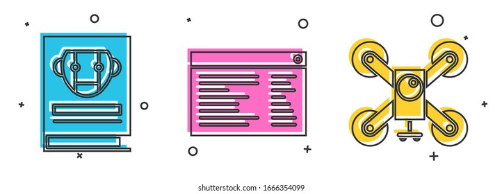 Set User manual, Software, web developer programming code and Drone flying with action camera icon. Vector