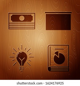 Set User manual, Stacks paper money cash, Light bulb with rays shine and concept of idea and Chalkboard on wooden background. Vector