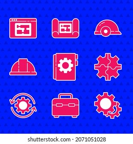 Set User manual, Toolbox, Gear, and arrows as workflow, Worker safety helmet,  and House plan icon. Vector