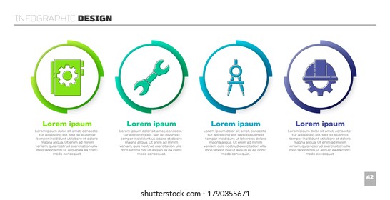 Set User manual, Wrench spanner, Drawing compass and Worker safety helmet and gear. Business infographic template. Vector