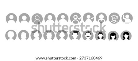 Set of user profile avatar icons in flat circle style, featuring diverse gender, hair styles, and roles like student, graduate, and verified user.