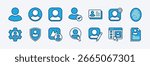 Set of user profile icon. Contains people or person picture, avatar, official, business card, fingerprint login access, edit photos, document data, website, settings, security, logout. Vector