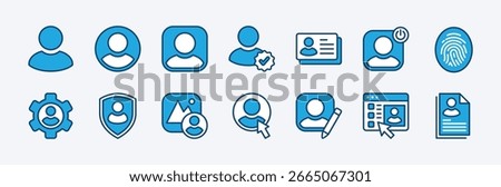 Set of user profile icon. Contains people or person picture, avatar, official, business card, fingerprint login access, edit photos, document data, website, settings, security, logout. Vector