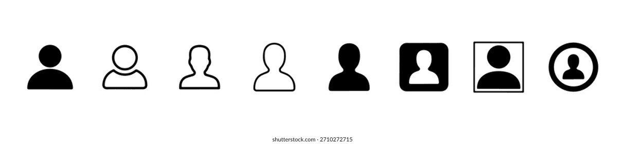 A set of user profile icons in various styles—outlined, solid, framed in circles or squares. Ideal for account, design visuals.