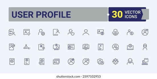 Set of User Profile line icons. Includes symbols for social, account, personal information, profile, user, person, registration. User Account icon set. Simple icon designs.