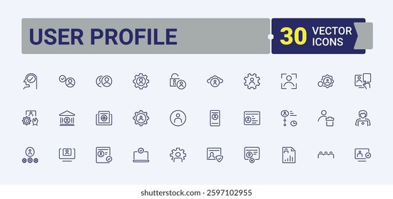 Set of User Profile line icons. Includes symbols for social, account, personal information, profile, user, person, registration. User Account icon set. Simple icon designs.