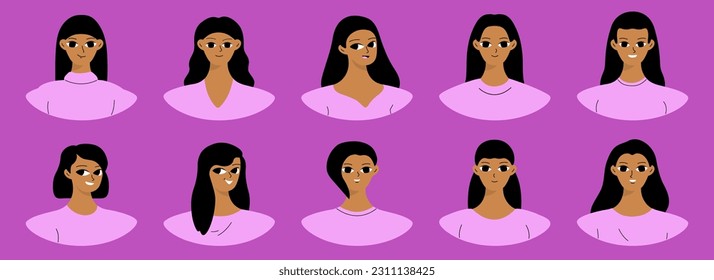 Set of user profiles. Smiling black woman avatar collection. Chat icons, different faces. Isolated flat illustrations bundle
