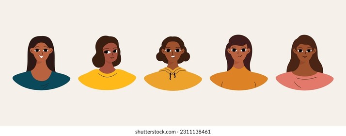 Set of user profiles. Smiling black woman avatar collection. Chat icons, different faces. Isolated flat illustrations bundle
