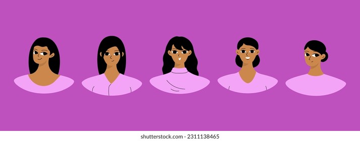 Set of user profiles. Smiling black woman avatar collection. Chat icons, different faces. Isolated flat illustrations bundle
