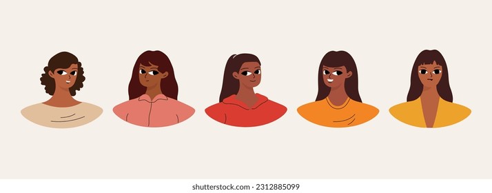 Set of user profiles. Smiling black woman avatar collection. Chat icons, different faces. Isolated flat illustrations bundle
