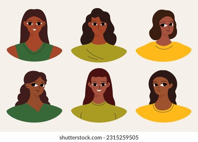 Set of user profiles. Smiling black woman avatar collection. Chat icons, different faces. Isolated flat illustrations bundle
