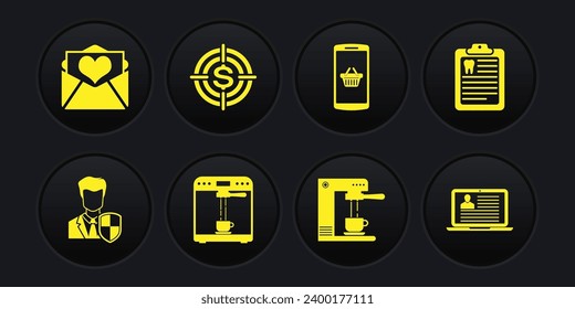 Set User protection, Clipboard with dental card, Coffee machine and cup, , Shopping basket mobile and Target dollar icon. Vector