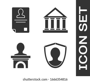 Set User protection, Identification badge, Stage stand or debate podium rostrum and Courthouse building icon. Vector