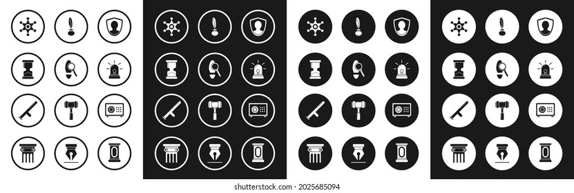 Set User protection, Magnifying glass with footsteps, Old hourglass, Hexagram sheriff, Flasher siren, Feather and inkwell, Safe and Police rubber baton icon. Vector