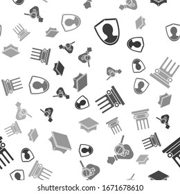 Set User protection, Money bag and magnifying glass, Law pillar and Graduation cap on seamless pattern. Vector