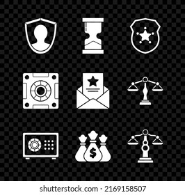 Set User Protection, Old Hourglass, Police Badge, Safe, Money Bag, Scales Of Justice,  And The Arrest Warrant Icon. Vector