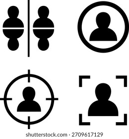 Um conjunto de ícones relacionados ao usuário, incluindo perfil do usuário, reconhecimento do usuário e símbolos de direcionamento do usuário em preto sobre fundo branco.