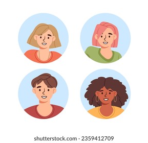 Set of users avatars concept. Men and women from different cultures. Society with various ethnicity. Poster or banner for website. Cartoon flat vector collection isolated on white background