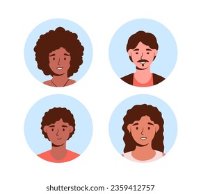 Set of users avatars concept. Men and women from different cultures and ethnicities. Tolerance and friendship. Template, layout and mock up. Cartoon flat vector collection isolated on white background