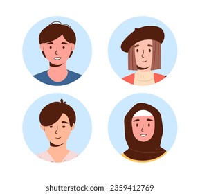 Set von Benutzern Avatare Konzept. Männer und Frauen aus unterschiedlichen Kulturen und Ethnien. Schnittstelle für soziale Netzwerke und Botenstoffe. Cartoon-FlachVektorgrafik, einzeln auf weißem Hintergrund