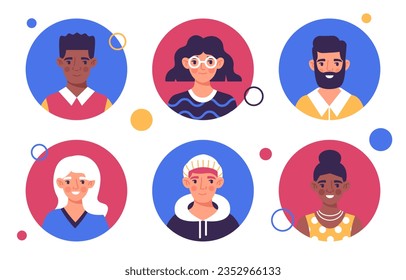 Set of users avatars concept. Pack of different men and women faces. Social networks and messengers. Design elements for website. Cartoon flat vector collection isolated on white background