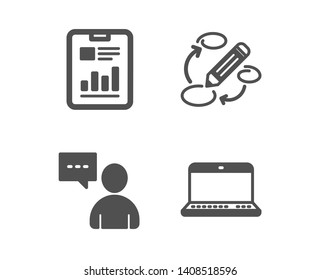 Set of Users chat, Report document and Keywords icons. Notebook sign. Communication concept, Page with charts, Marketing strategy. Laptop computer.  Classic design users chat icon. Flat design. Vector