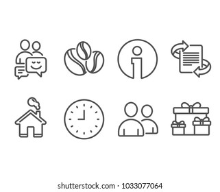 Set of Users, Communication and Coffee-berry beans icons. Clock, Marketing and Surprise boxes signs. Couple of people, Business messages, Coffee beans. Time or watch, Article, Holiday gifts. Vector