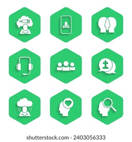 Set Users group, Broken heart or divorce, Finding problem, Graves funeral sorrow, Depression, Psychologist online, Bipolar disorder and Addiction to the drug icon. Vector