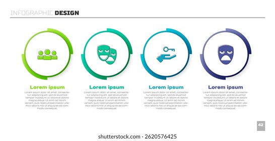Set Users group, Comédia e máscaras de tragédia, Solução para o problema e Drama teatral. Modelo de infográfico comercial. Vetor