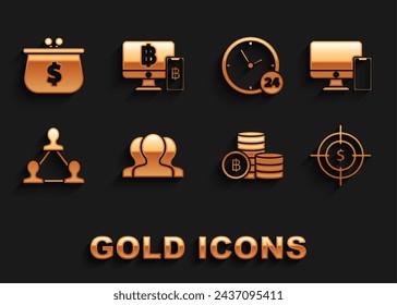 Set Users group, Computer monitor and mobile phone, Target with dollar symbol, Cryptocurrency coin Bitcoin, Project team base, Clock 24 hours, Wallet and bitcoin icon. Vector