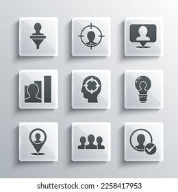 Set Users group, Create account screen, Head with lamp bulb, hunting, Location person, Productive human,  and  icon. Vector