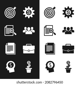 Set Users group, Document with search, Target arrow, Gear dollar symbol,  and Briefcase icon. Vector