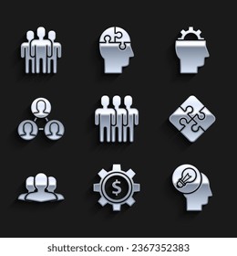 Set Users group, Gear with dollar symbol, Human head lamp bulb, Piece of puzzle, Project team base, gear inside and  icon. Vector