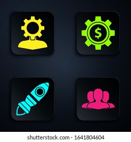 Set Users group, Human with gear inside, Rocket ship with fire and Gear with dollar symbol. Black square button. Vector