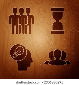 Set Users group, Users group, Human head with lamp bulb and Old hourglass with flowing sand on wooden background. Vector